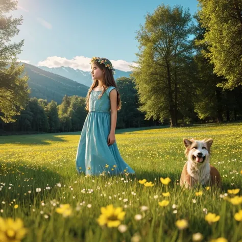 draw an illustration for a fairy tale about a girl standing in a flowering meadow ,who can talk to animals