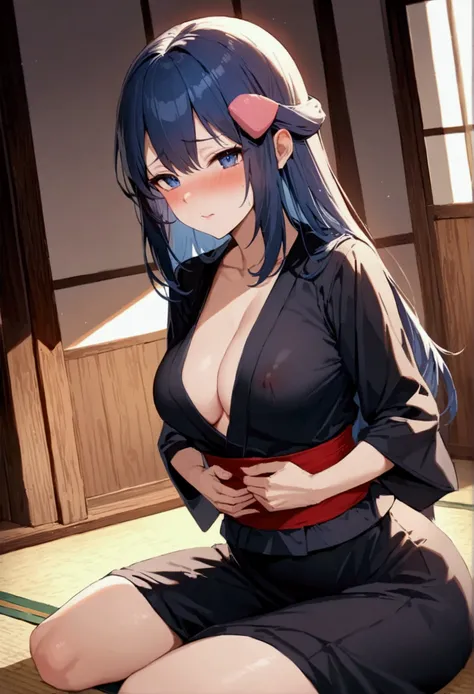 NSFW,masterpiece,Highest quality,High resolution,Super detailed,dawn_(pokemon),blue eyes, Blue Hair, Long Hair, Side Lock, Hair Clip,High-quality yukata,Embarrassed,blush,Inn at night,Japanese-style room,tatami,futon,(Hypnosis),(brainwashing),(Middle-aged ...