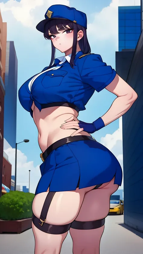 a cartoon character in a sexy suit posing on the street with a bush, police officer, police uniform, 1 girl, police woman, shirt, skirt, hat, tie, police cap, blue eyes, gloves, breasts, purple hair very dark, thighs, solo, navel, garter straps, looking at...