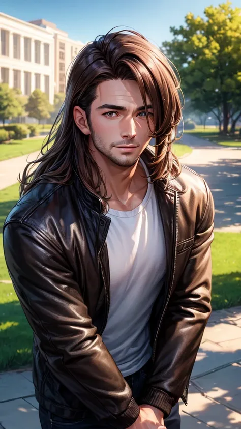 Handsome man 25-35 years old, in the park, mullet, brown hair, close up, satellite image, backlighting, UHD, high quality, best quality, highres, 8k, 16k