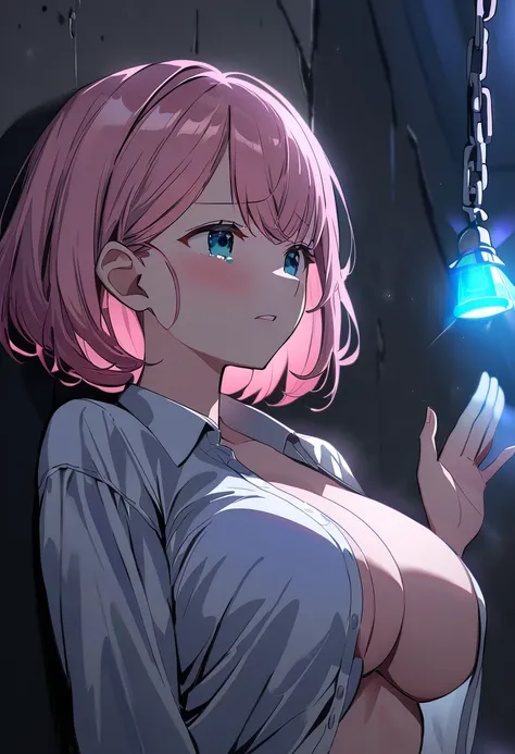 One Girl, Yuigahama Yui, , short hair, Pink Hair, Hair Bun, (Large Breasts), 
(Highest quality, High resolution, 4K, Detailed lighting, Shaders), 

Chained, 
Are crying, Raise the hand,  
Concrete Background, Lie in, 

, Open shirt, Upper Body,