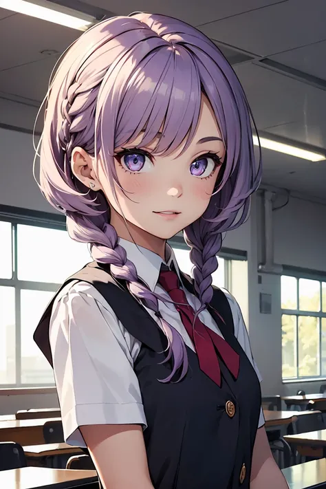 ((1 girl)), latest clothing trends, school clothes, , class room,((super verbose,highest quallity, high resolution, 8 k wallpaper, Cute uniform,)),((light purple hair, short-cut,Braided hair,)) (pink eyes), (teeths), smilling face, ombre, eyeliner,glowing ...