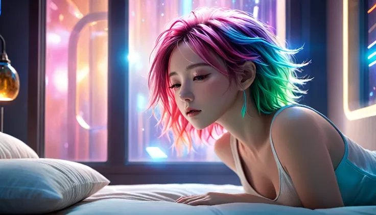 (Highest quality,8K,Super detailed:1.2),(CG,CG Art,3D Rendering),(masterpiece:1.2),（Crawling on the table），（Wearing a tank top），(Cinema Lighting,Futuristic),(Woman lying in bed,Sleep,close your eyes),(The big window behind her,quiet night),(Colorful Hair:1...