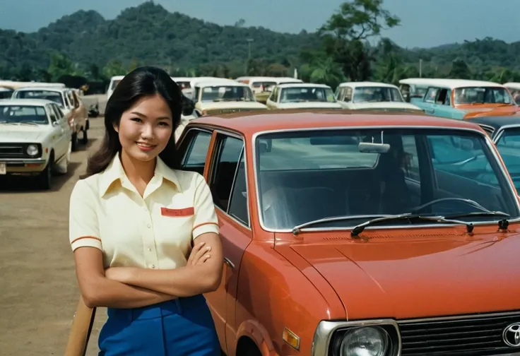 A full body photo of a beautiful young asian Toyota car saleswoman in the 1970s, with her hair and uniform from the 1970s, the woman is standing with a happy man costumer wearing polo shirt and bell bottom pants in front of a 1977 Toyota Kijang, the woman ...