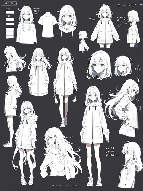 sketch (character design sheet, same characters, whole body, three-view, front, ~ ~ ~ ~ side, return),(very bright:1.1), white b...