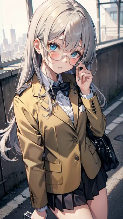 (masterpiece), (best quality), ((very detailed)), (very delicate), (A young girl),  cyan eyes, sparkling eyes, droopy eyes, boston eyewear, worried,(Silver gray hair),Short messy hair, Barrette, Medium chest, Blazer uniform , platinum blonde, White skin, S...