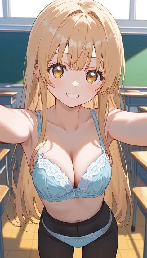 masterpiece,Ultra HD,score_4_onBREAK source_anime,可愛いanimeイラスト, masterpiece,high resolution,smile,alone,mahirushiina,One girl,Blonde,Long Hair,,Selfie pose,Show your underwear,Light blue bra,black tights,School,classroom,nsfw,