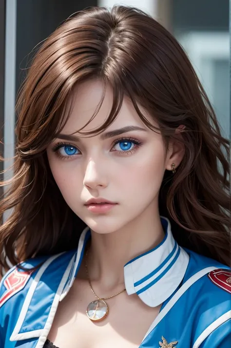 Extremely beautiful adult woman, wavy brown hair, bangss, mirrored blue eyes, serious look, looking at the viewer , mirrored red mouth, red jacket blue blouse, background azul sombreado 