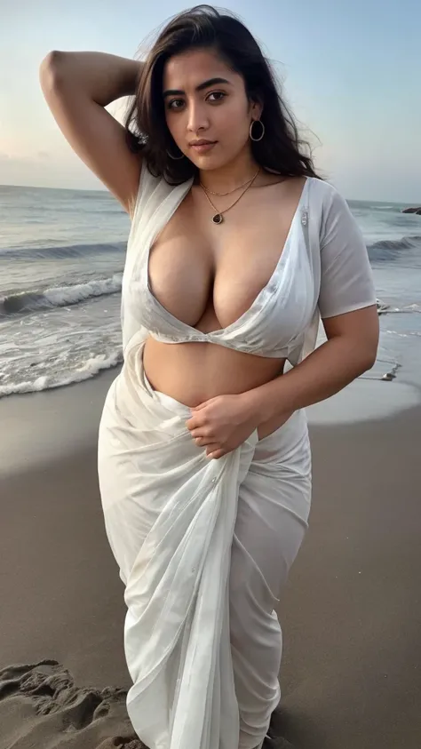  a woman round neck blouse and saree, round face,fair skin, beautiful face, angle face,big cheeks, curvy, swooping breasts, deep cleavage, open arms, sexy armpits,big penis, nipples, ass, necklace, (cinematic:1.3), araffe woman in a round neck blouse and s...