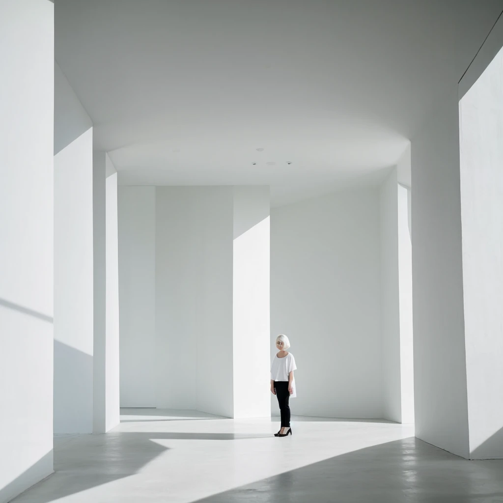  short white hair women the background of a minimalist beautiful white architecture 