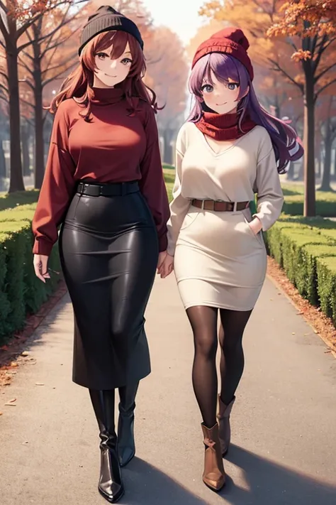 ((masterpiece, best quality)), highres, two beautiful women looking at viewer, wide hips, smiling, brown hoodie, black midi pencil skirt, pencil skirt, red beanie, leather boots, red scarf, full body, medium purple hair, wavy hair, walking through a beauti...