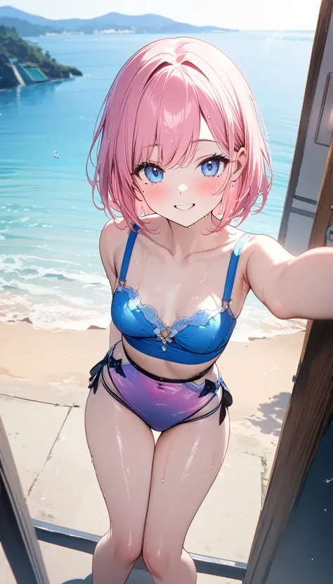 (1 girl),(Best Picture Quality, 8K, Masterpiece:1.3), (high school student:1.5), ((pink lob hair:1.1)), (bob cut),(swept bangs), (cute eyes, pupil black, iris skyblue, youthful face), (mole under right eye), (standard weight), (small breasts), (glistening ...