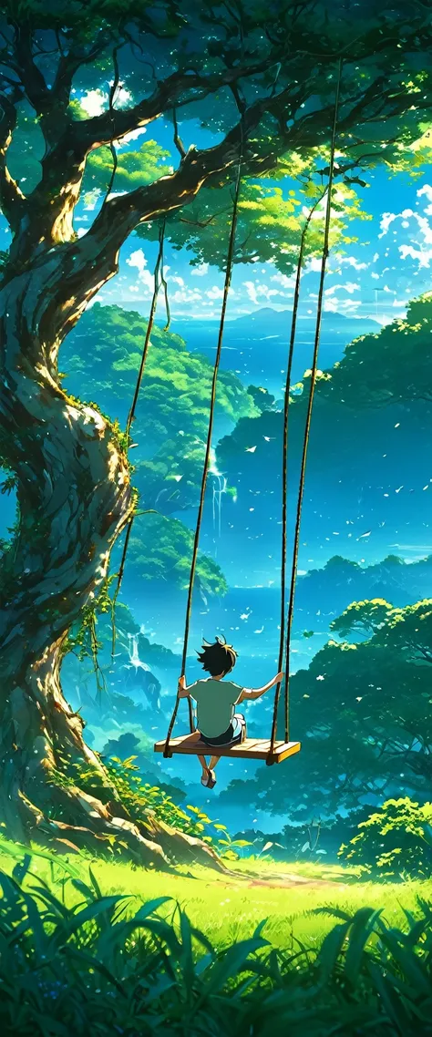 anime landscape of a boy on a swing on a tree, anime nature wallpaper, Beautiful anime scene, Anime Beautiful Peace Scene, makoto shinkai cyril rolando, Beautiful anime scenery, amazing wallpaper, anime art wallpaper 8K, animated background, animated backg...