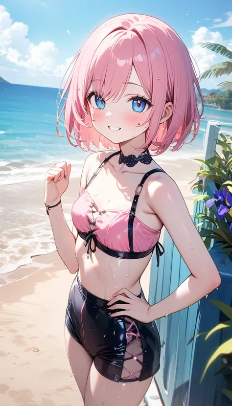 (1 girl),(Best Picture Quality, 8K, Masterpiece:1.3), (high school student:1.5), ((pink lob hair:1.1)), (bob cut),(swept bangs), (cute eyes, pupil black, iris skyblue, youthful face), (mole under right eye), (standard weight), (small breasts), (glistening ...