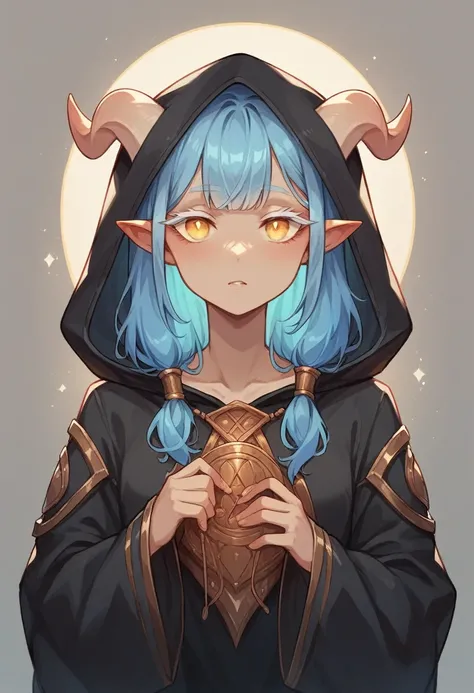 ((best qualityer)), ((work of art)), (detailded), 1 tiefling girl , beige skin , blue hair with white highlights and bangs , completely golden eyes and white eyelashes , black clothing with sleeves and hood 