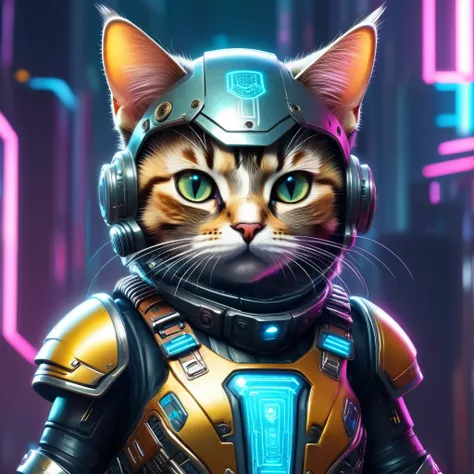 dressed animals page, captivating and intriguing image of a cute cat dressed in cyberpunk styled armor, cybernatic,