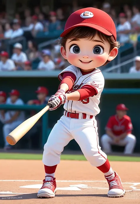   Very cute boy baseball player holding bat in hand baseball player white hat jersey sneakers very cute(Shut up)Smiling at the audience

             ( perfect anatomy ) Beautiful and extremely fine texture，detailed, bright, Animation style high definition...