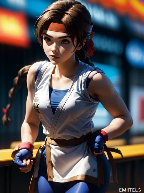 20-year-old woman, alone, athletic, brown hair tied in a braid, wears a red bandana on her forehead, wears blue fingerless gloves, wears blue gloves, high resolution, perfect image, very detailed, high contrast, colors digital, simple, medium shot, cinemat...