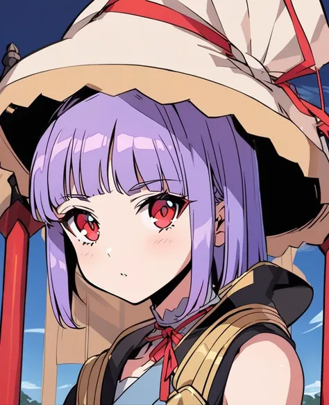 A purple haired girl with blue bangs and red eyes, demon slayer artstyle 