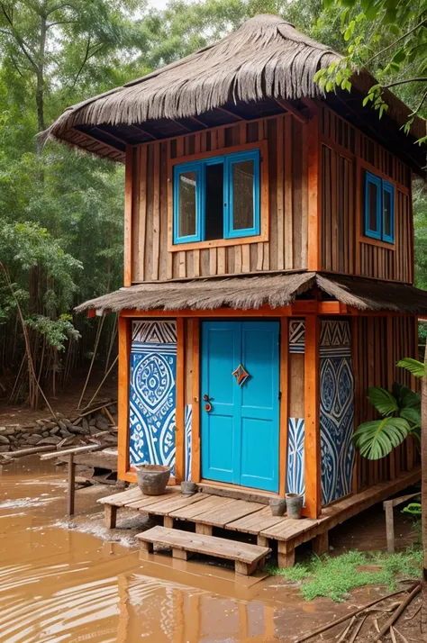 There is a hut made of mud with colorful designs on it.