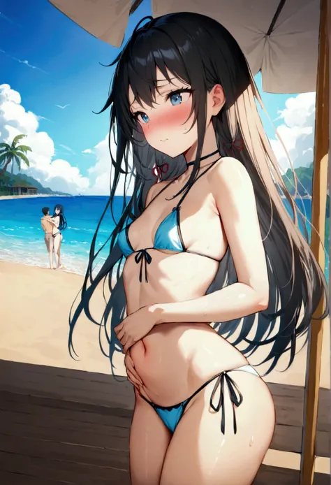 NSFW,masterpiece,Highest quality,High resolution,Super detailed,Yukinoshita Yukino(My Youth Romantic Comedy is Wrong as Expected),Black Hair,Long Hair,Light blue eyes,High quality sexy bikini,Halter neck,Small breasts,Embarrassed,blush,beach,Palm tree,Beac...