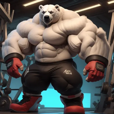 a polar bear with a huge thick muscle, furry ((white white polar bear)) wearing MMA shorts and MMA fingerless gloves, Gym ring, ((huge muscular:1.2, wide pectoral, thick arms, sixpack)), smile, thicc, lowres, giant and muscular, danbooru and artstation, he...