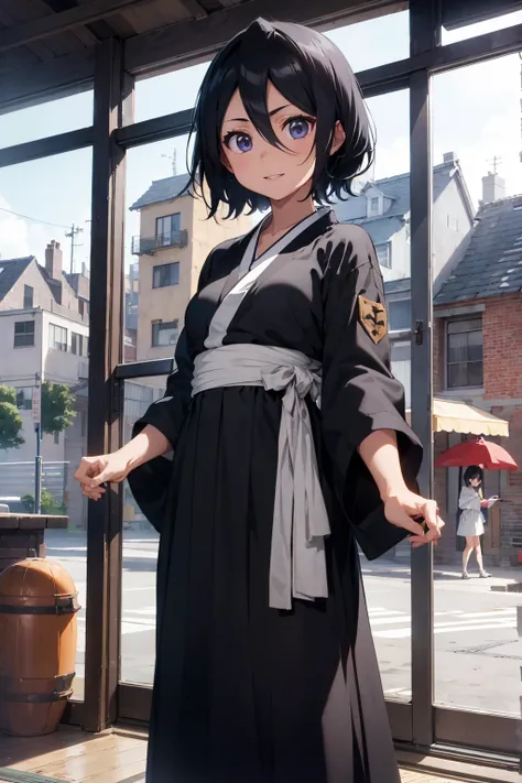 best qualityer, work of art, 1 girl, (standing alone:1.1), ray tracing, ultra detaild,face detailed, 8 k wallpaper, (Broad Hips:0.8), ssmile, hinterland, Holding Jump_VND, 1 girl, Bblack hair, breasts small, shorth hair, black kimono,  