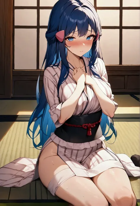 NSFW,masterpiece,Highest quality,High resolution,Super detailed,dawn_(pokemon),blue eyes, Blue Hair, Long Hair, Side Lock, Hair Clip,High-quality yukata,Embarrassed,blush,Inn at night,Japanese-style room,tatami,futon,(Hypnosis),(brainwashing),(Middle-aged ...