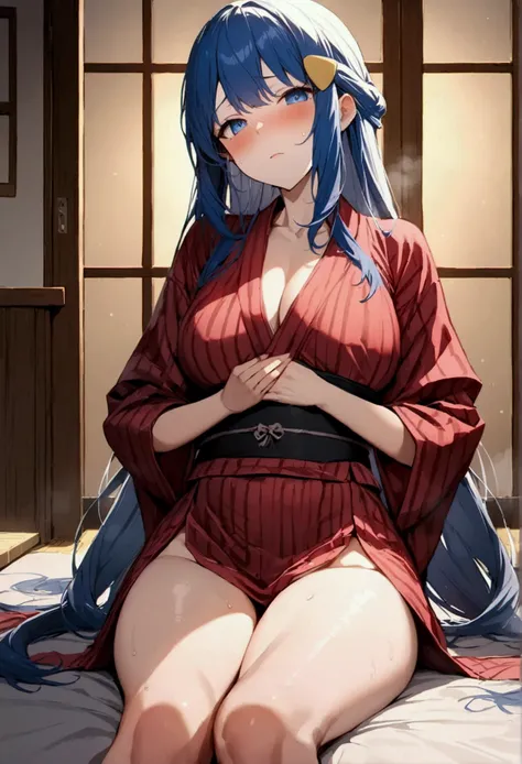 NSFW,masterpiece,Highest quality,High resolution,Super detailed,dawn_(pokemon),blue eyes, Blue Hair, Long Hair, Side Lock, Hair Clip,High-quality yukata,Embarrassed,blush,Inn at night,Japanese-style room,tatami,futon,(Hypnosis),(brainwashing),(Middle-aged ...