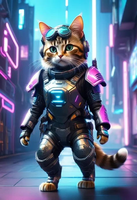 dressed animals page, captivating and intriguing image of a cute cat dressed in cyberpunk styled armor, cybernatic, jetpak on it...