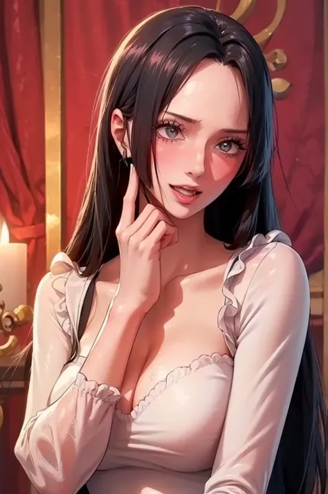 best quality, masterpiece, highly detailed,1girl, Boa Hancock, , (masterpiece:1.5), Detailed Photo, Smiling, Sexy, (8K, Best Quality: 1.4), (1girl), Beautiful Face, (anime realistic Face), (Black Hair, long Hair: 1.3), Beautiful Hairstyle, Realistic eyes, ...