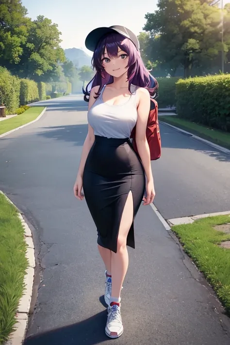 ((masterpiece, best quality)), highres, beautiful woman looking at viewer, beautiful eyes, wide hips, smiling, tank top, black midi pencil skirt, pencil skirt, visor, sneakers, socks, wearing backpack, full body, medium purple hair, wavy hair, walking thro...