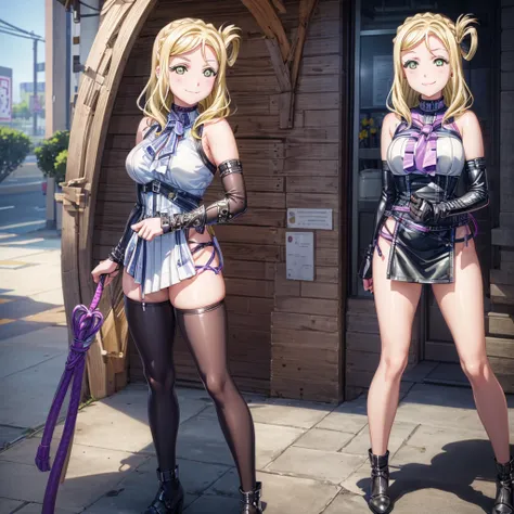 (((Pixel Perfect,Perfect in every detail))), alone,A girl around 15 years old,smile,,NSWF,lovely,Mari Ohara，Leather whip，Holding a whip，Sadistically