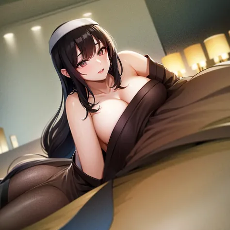 Black Hair、long、adult、Beautiful breasts、Bedroom、sex appeal、Head to Chest、Off-the-shoulder knit、Beauty、young、tits、valley、chest emphasis、Night view、Hotel、From the side、gravure、front