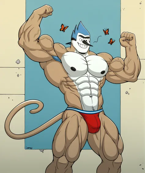 regularshow,   hi res,  score_9,score_8_up,score_7_up,      a blue jay listening to a music with a mp3 player,  while cleaning a park,  (sunny:1.3),  butterflies,  smiling, male focus, zPDXL,  zPDXLxxx,  flexing, muscular, lobo, the second, large pectorals...