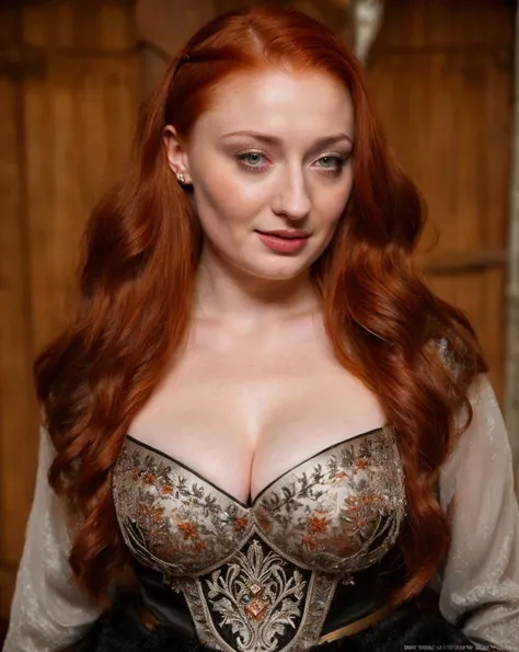 Face of Sophie Turner, Sansa Stark played by Sophie Turner, the de facto Lady of the Eyrie, is a 50-year-old mature queen with a stunning, alluring appearance, mommy figure, wide body, heavy figure, fleshy bulky figure, Full Face, Full figured woman, pierc...