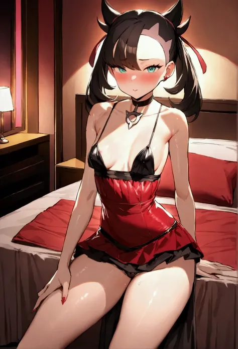 NSFW,masterpiece,Highest quality,High resolution,Super detailed,marnie_(pokemon),Aqua Eye, Black Choker, Red ribbon,(High quality sexy dress), jewelry,Small breasts,blush,Love Hotel at Night,Luxurious Room,Sexy pose,Seduce,(Prostitute),(Prostitute)