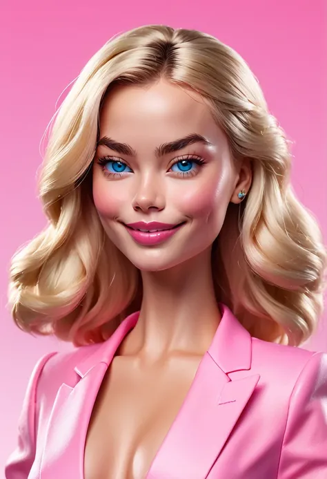 3d, Estilo de Moda 2023, Tema estilosa, Linda, expressiva, Feliz, Sorriso lindo, bonito cabelos lisos, modelo profissional, Poses fofas, blonde, blue eyes, vivid color, blonde hair, pink dress, margot robbie, wonderful, barbie, white background
