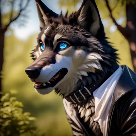 Male, 30 years old, cute, eyeliner, mouth open with tongue hanging out, black leather jacket, anthro, wolf ears, (black fur:1.5), wolf, forest background, 8k, hi res, (best quality, masterpiece), (wolf tail:1.5), detailed fur, solo, collar, blue jeens, blu...