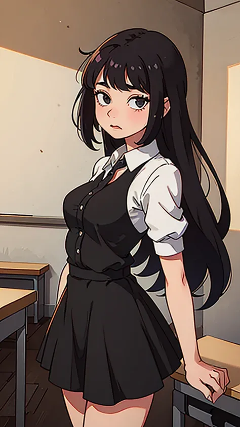 An 18-year-old woman, alone, black hair, long face, lower lip bigger than the top, with a short black skirt showing a little of her butt, with a dress shirt with a low neckline, In a classroom 