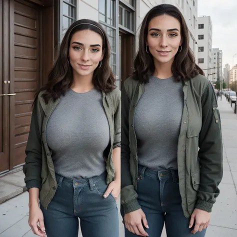 Extremely busty thin and toned brunette photographer, college girl, fair skin, loose side sweep, soft face, athletic, bandana babushka headwrap, tight olive green casual windbreaker, skinny jeans. standing in front of her apartment building, outdoors, city...