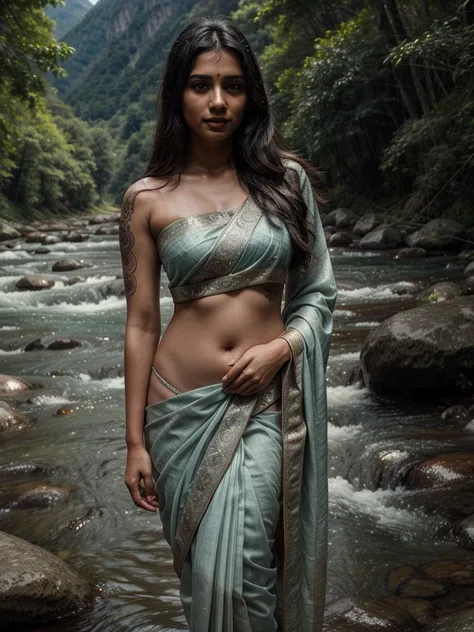 Beautiful young indian woman, wearing a saree, tattooed body, portrait, mountain forest background, river stream, very beautiful, traditional beauty, hindu aesthetic, detailed face, detailed body, oily skin, symmetric face, cute, belly pin, long bob hair, ...