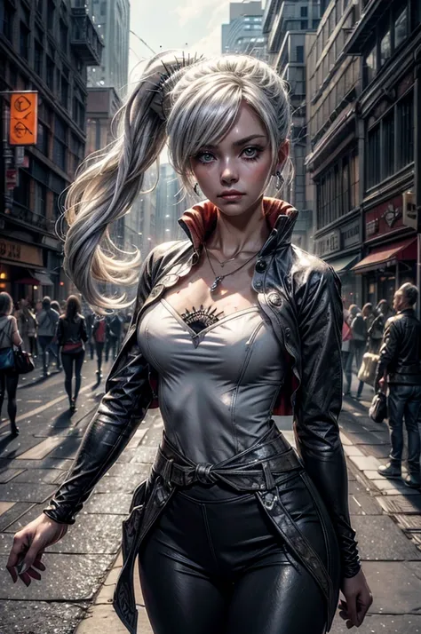 (masterpiece, best quality:1.2), cowboy shot, weissvale, expressionless, closed mouth, looking at viewer, long white hair, side ponytail, scar above eye, scar below eye, t-shirt, yoga pants,  jewelry, necklace, earrings, in city street (future_urban, crowd...