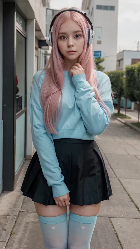 {a young woman with long pink hair, pink anime eyes. She is wearing a large light blue sweater,  yes face is beautiful, her face is super cute, her face is super pretty, his face is super cute,((a green skirt)) and black stockings. He has blue headphones o...