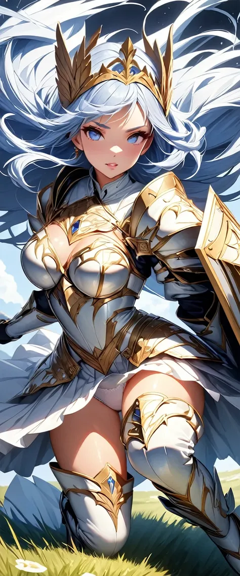 (Perfect Anatomy)、Mastepiece、Ultra High Quality、 8K、masterpiece、Highest quality、Ultra-high resolution、Maximum resolution、Very detailed、Professional Lighting、anime、woman、thin、so beautiful、Highly detailed eye、Highly detailed face、Blue and white armor, , Gold...