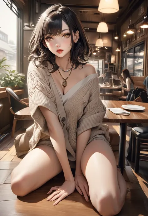 (Tabletop,Highest quality)), (Realistic:1.4),(((Tabletop,8K)),Stylish cafe,(Stylish interior),((Full body photo))),Photographed in natural light,Highly detailed face and skin texture,Highly detailed lips,The correct state of the human body,Ultra-high resol...