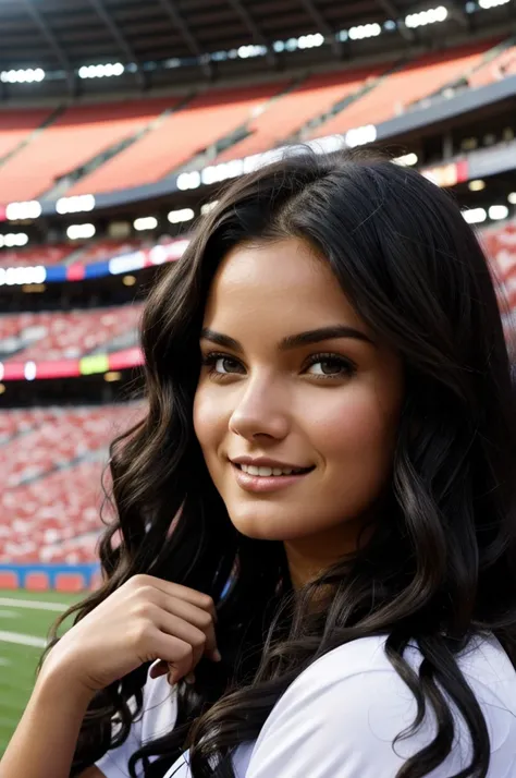 Brunette woman with black wavy hair, sitting in a stadium watching a game 