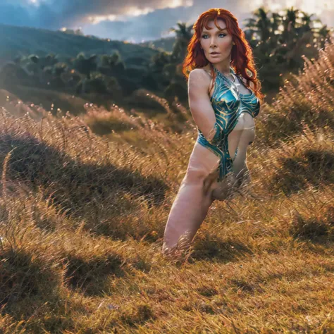 A beautiful woman (beverly crusher, age 30) with piercing blue eyes, gorgeous long lashes, delicate nose and sensual lips, wearing a skimpy string bikini, wielding a powerful shotgun and a primitive spear, struggling with tentacles, tentacles restrain her ...