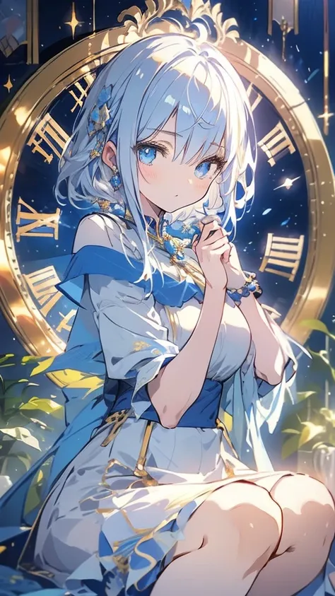 Anime-style illustration of a young woman with white hair and vivid blue eyes. She is wearing a detailed blue and white dress with gold embellishments and a high collar. The background has a clock face and scattered blue and gold elements, giving a celesti...