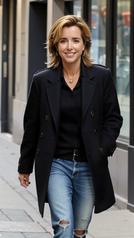 Téa Leoni dressed in torn clothes on the streets and smiling